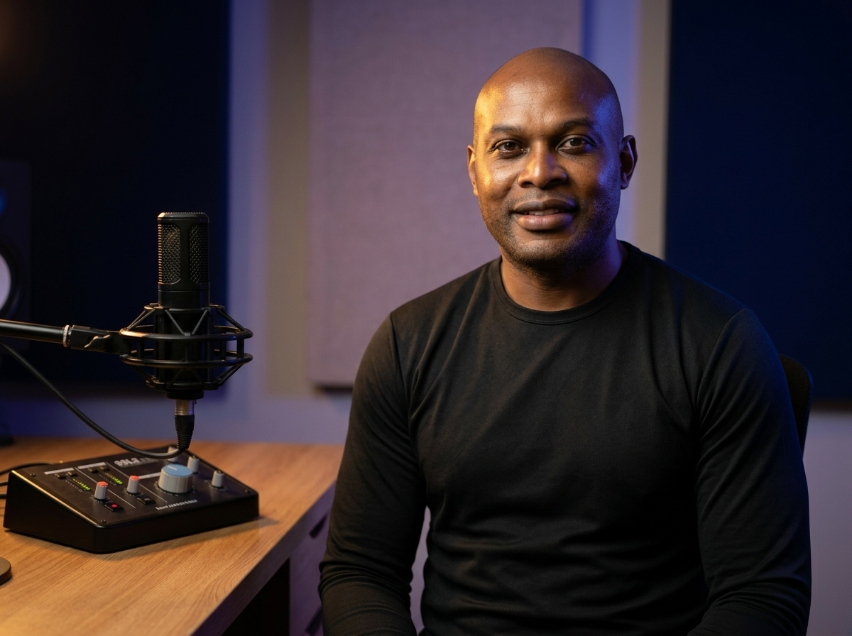 Professional audiobook narrator in a soundproofed recording studio, speaking into a condenser microphone while reading from an open manuscript.
